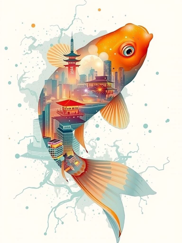 Silhouette of Koi in Tokyo Cityscape at Night