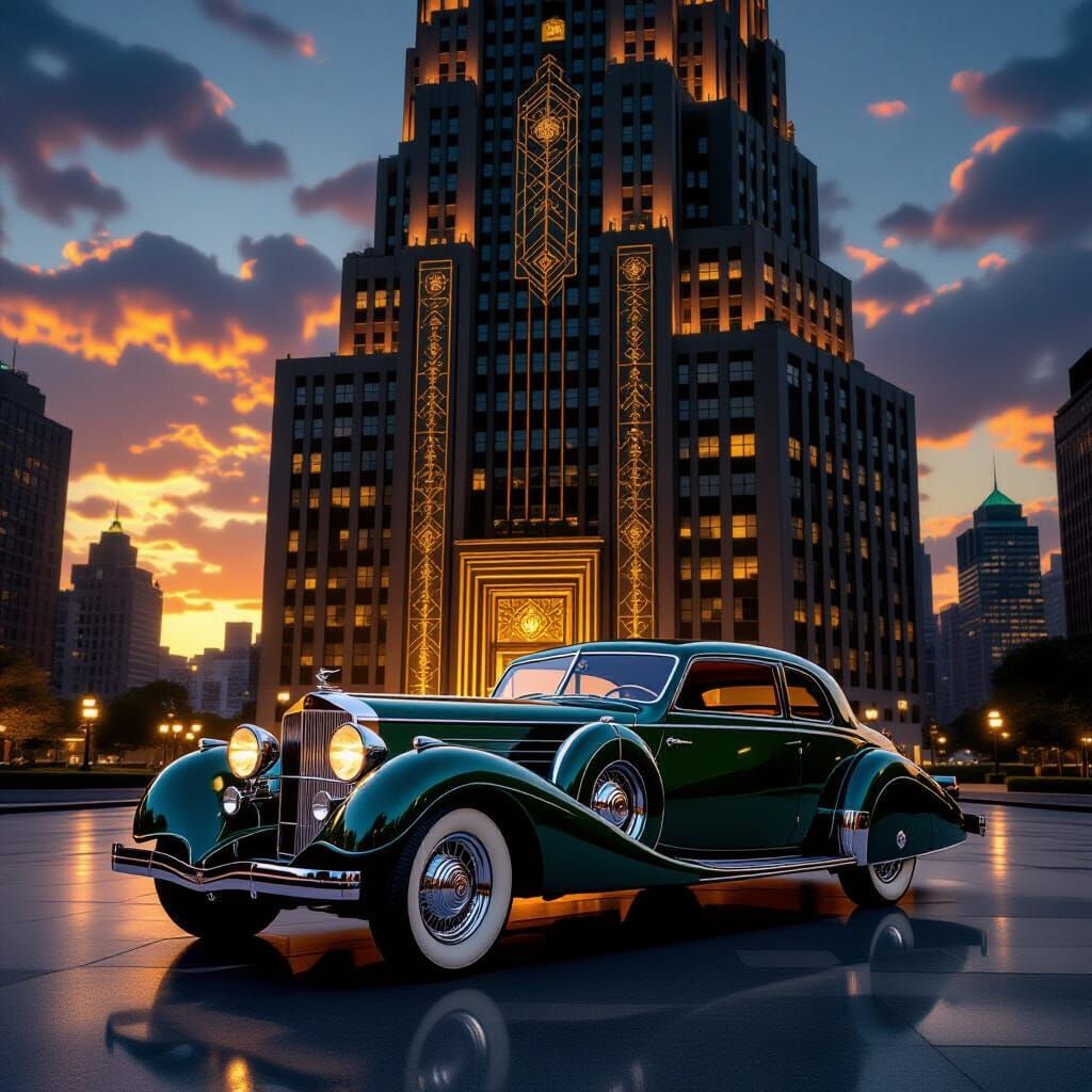 1930s Emerald Car Before Art Deco Skyscraper at Sunset
