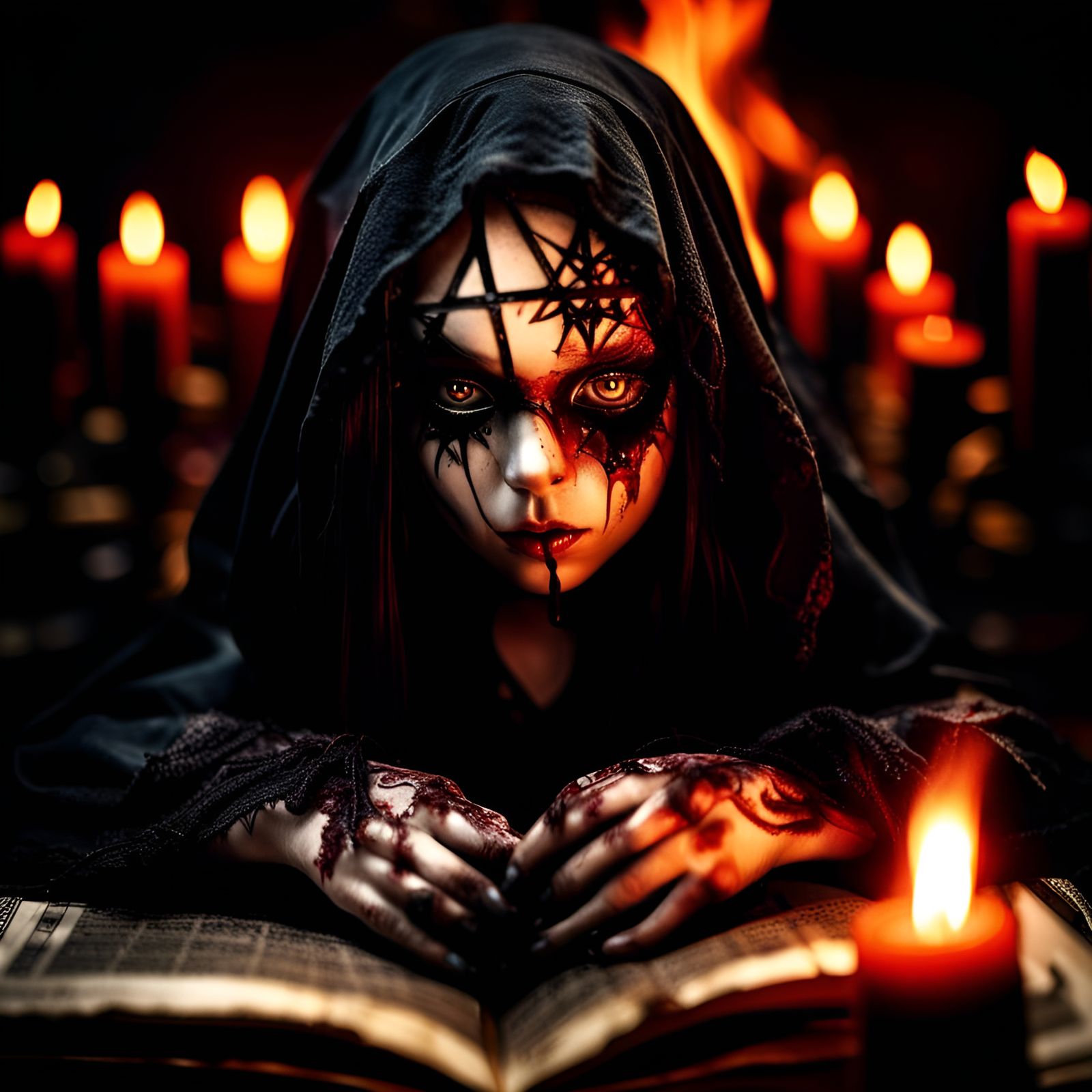 Eerie Doll in Burning Pentagram Ritual