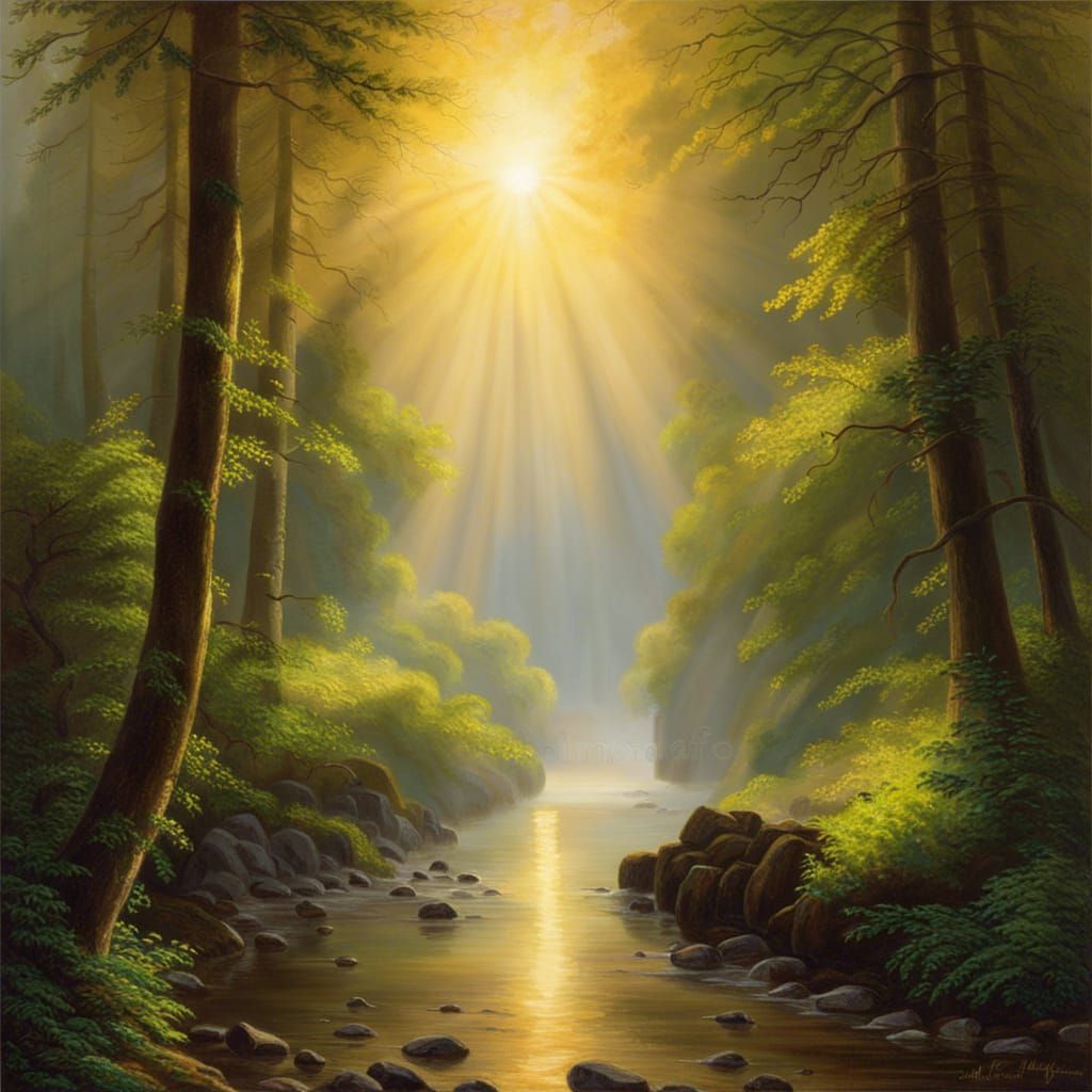 Lush Forest Stream at Sunrise: Bierstadt-Inspired Painting