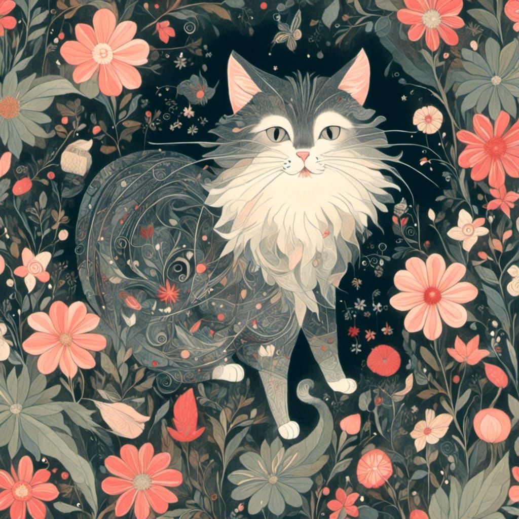 Whimsical Cat Playing in the Garden