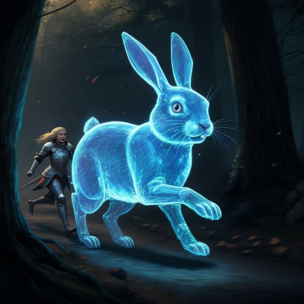 Holographic Rabbit Escaping Armored Woman in Forest