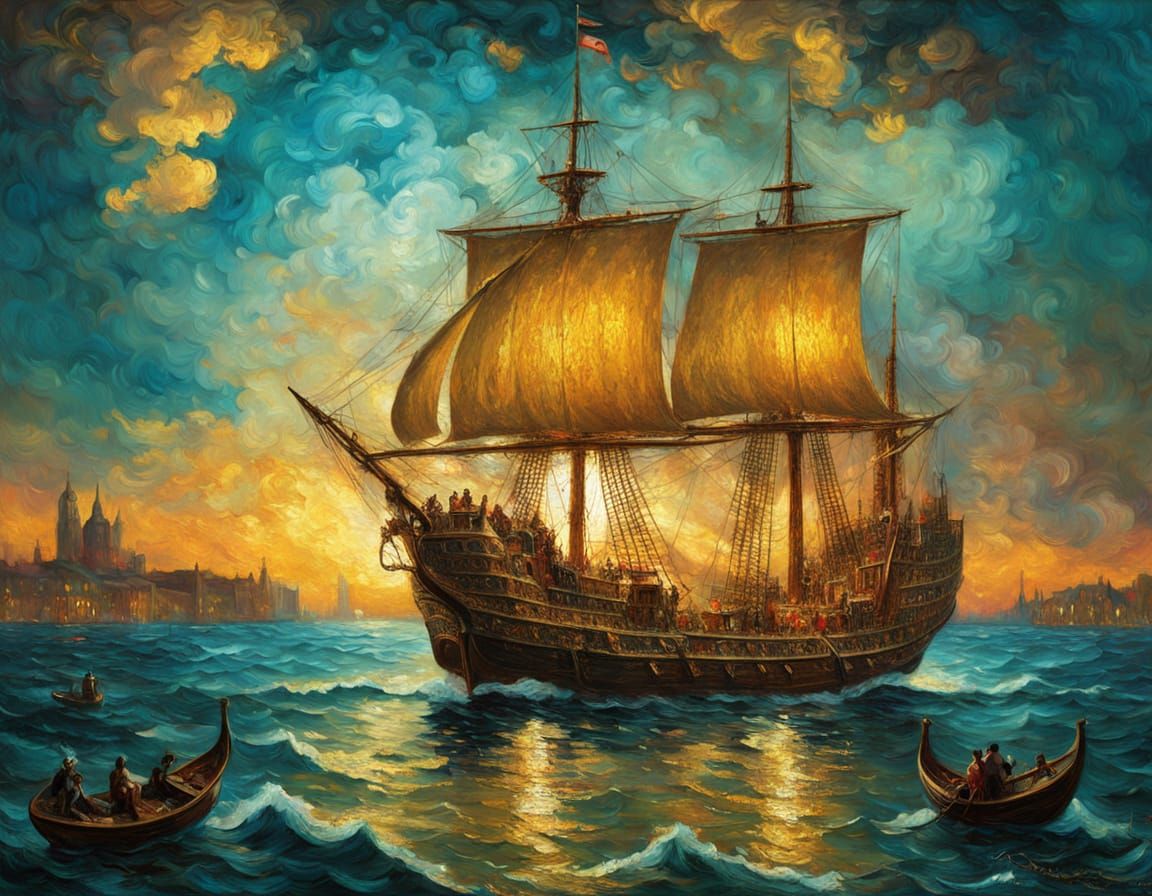 Impressionist Barquentine in Opulent Renaissance Port