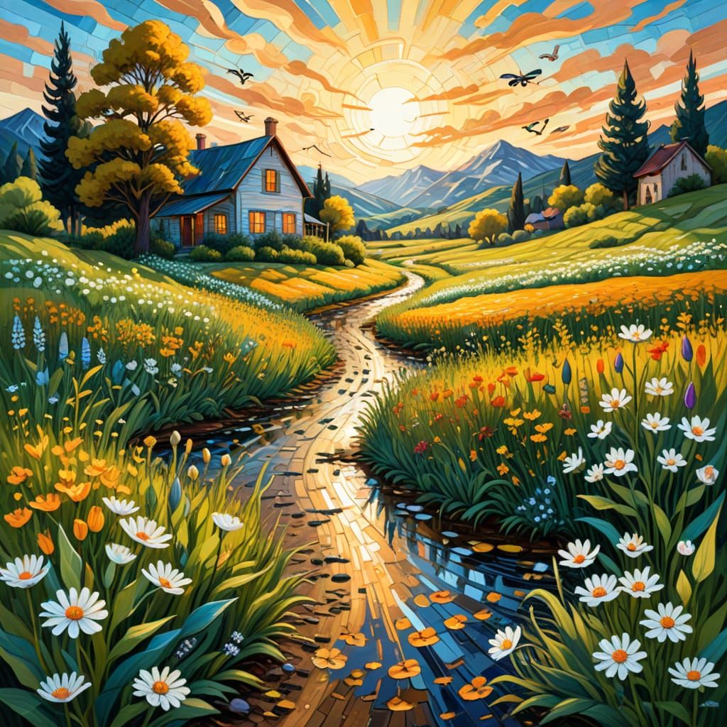 Whimsical Post-Impressionist Landscape with Vibrant Wildflow...