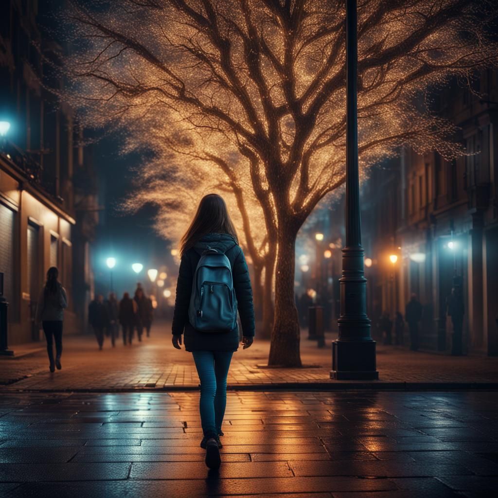 Girl Under Starry Nighttime Streetlights