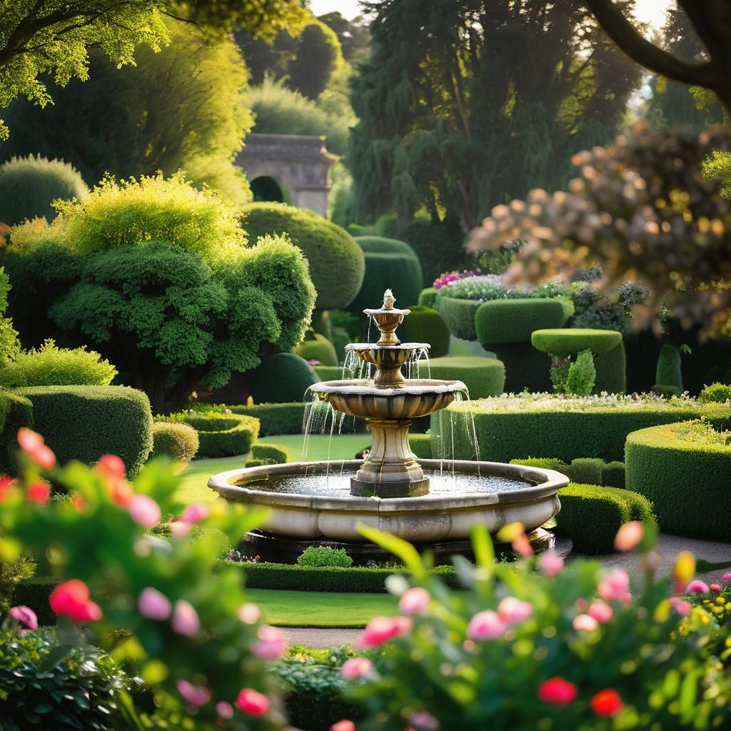 Italian Garden Scene with Fountain in Soft Bokeh