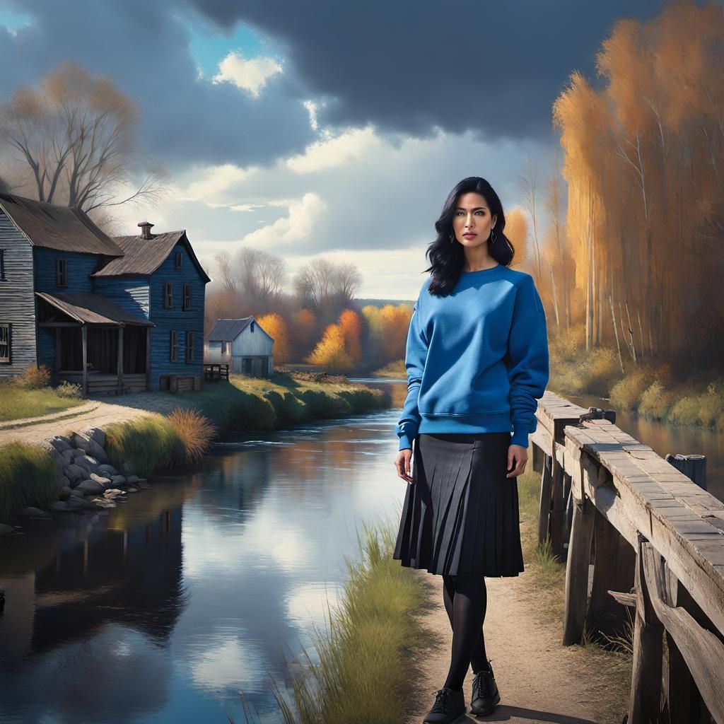 Woman in Rural Town, Impressionistic Matte Painting