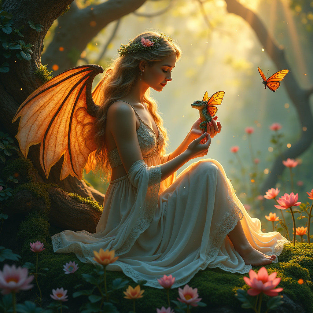 Winged Goddess with Dragon Baby in Enchanted Garden