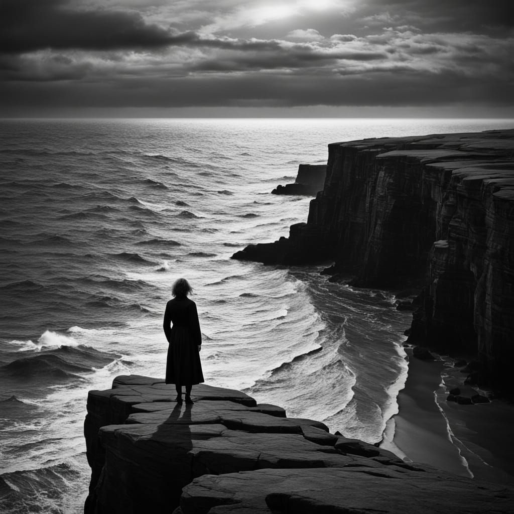 Woman on Windswept Cliff in Charcoal Sketch Style