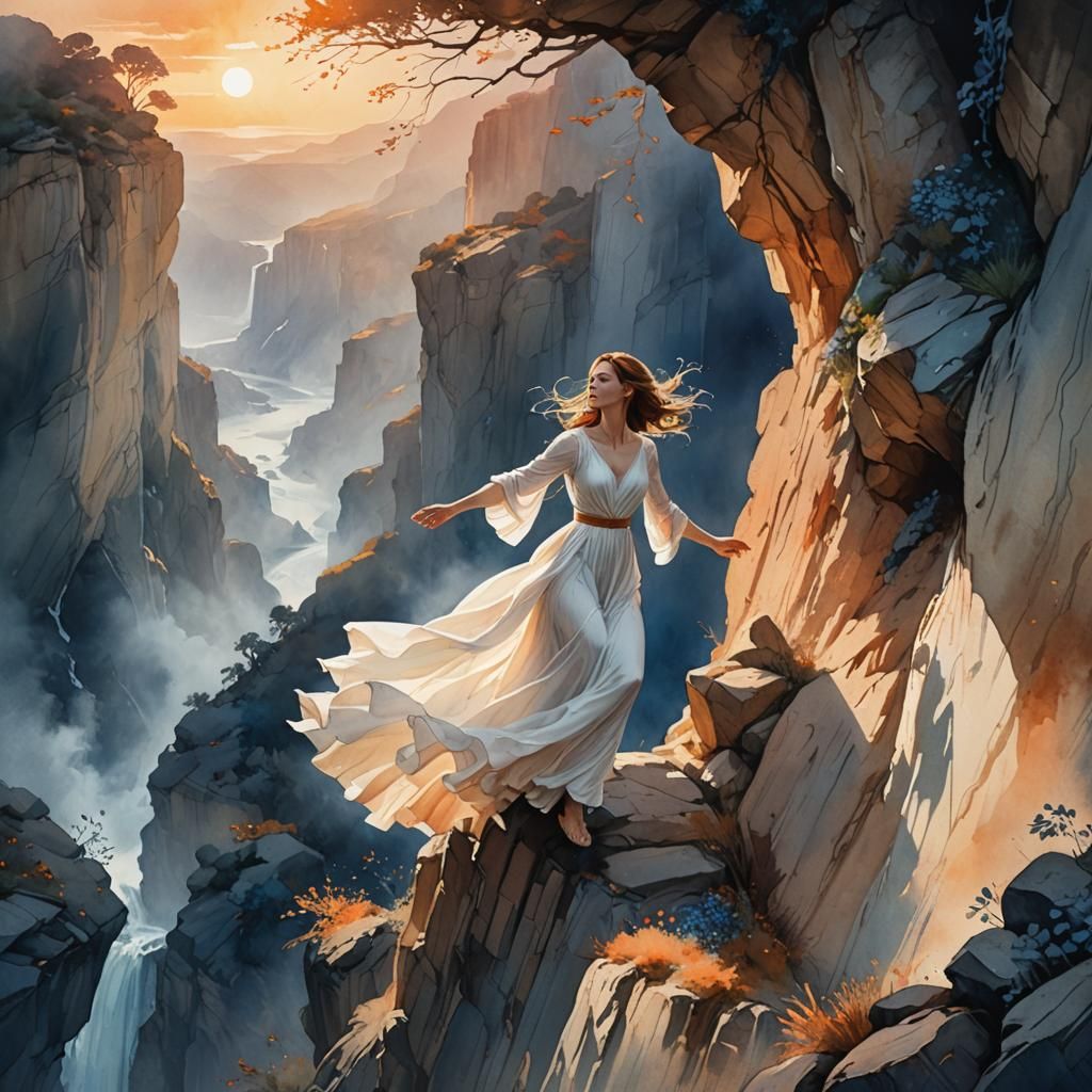 Woman on Cliff Edge in Watercolor Style