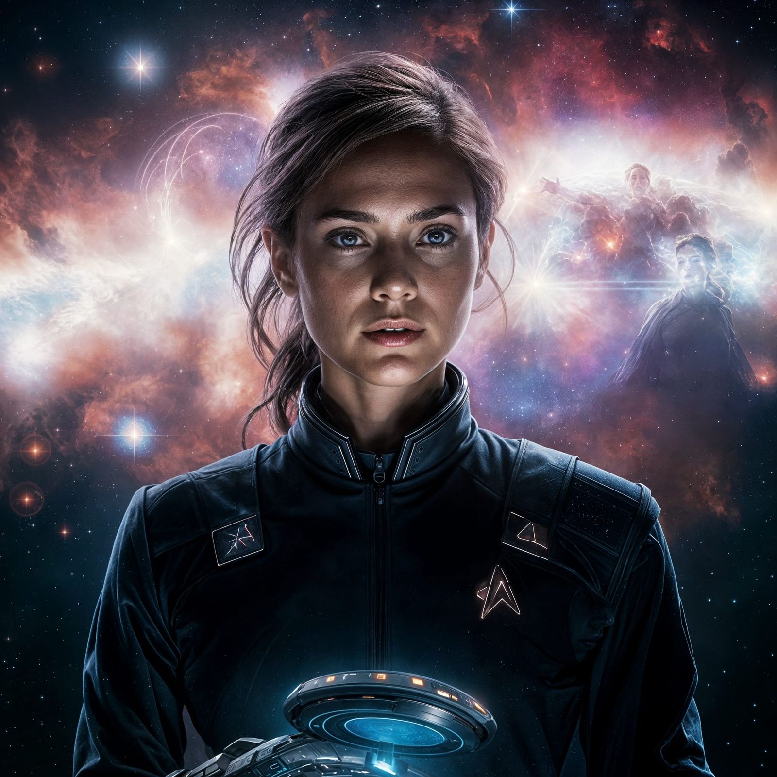 Star trek the next generation female engineer stands silhouetted against the backdrop of a nebula, her face etched with ...