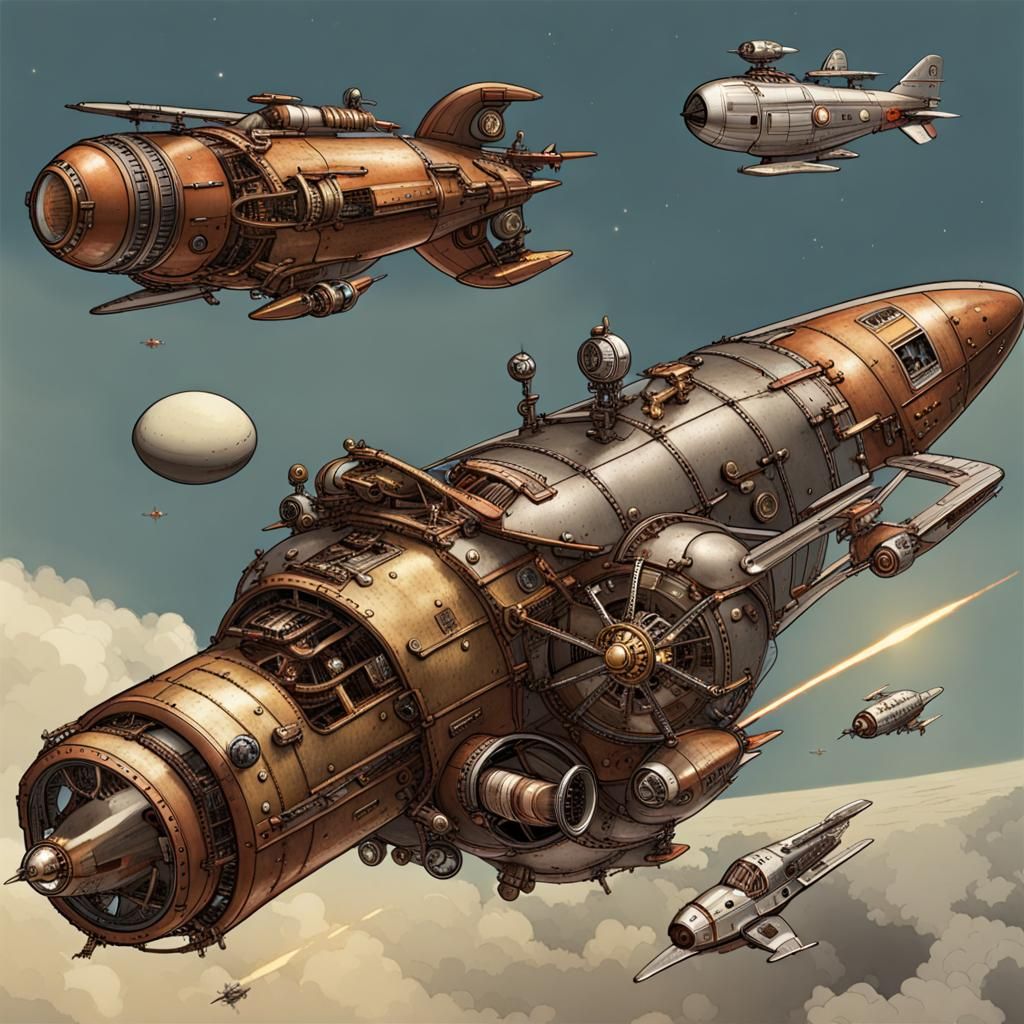 Steampunk Spaceships Dogfight in Orbit