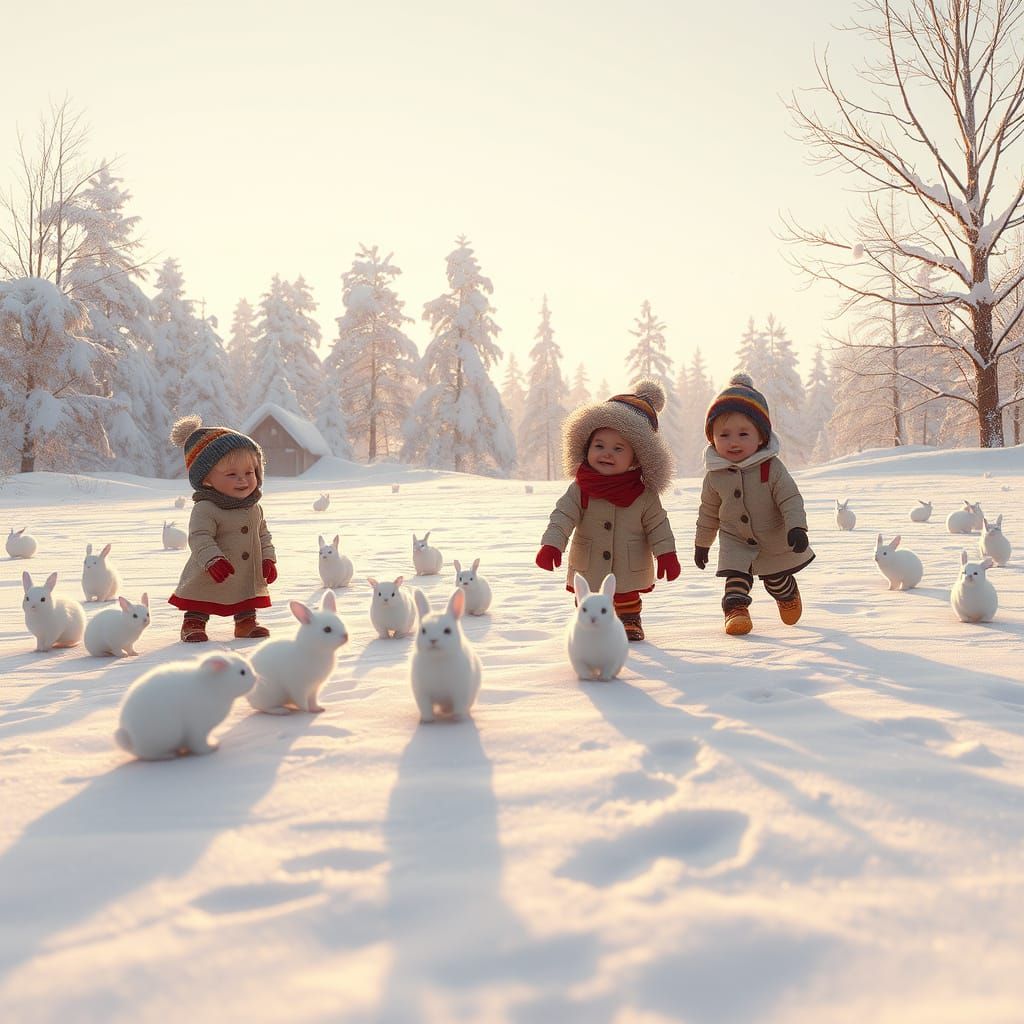 Children Playing with Animals in Snowy Field