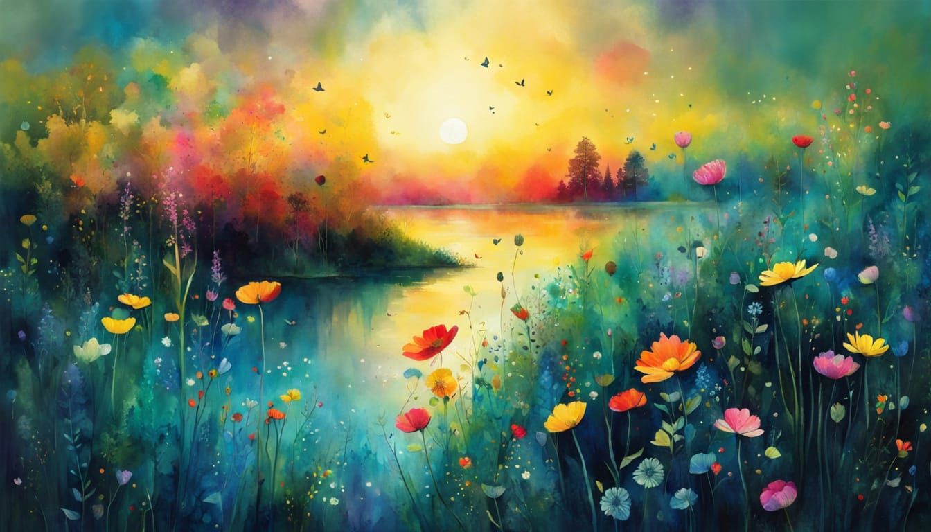 Surreal Wildflower Scene in Whimsical Illustration Style