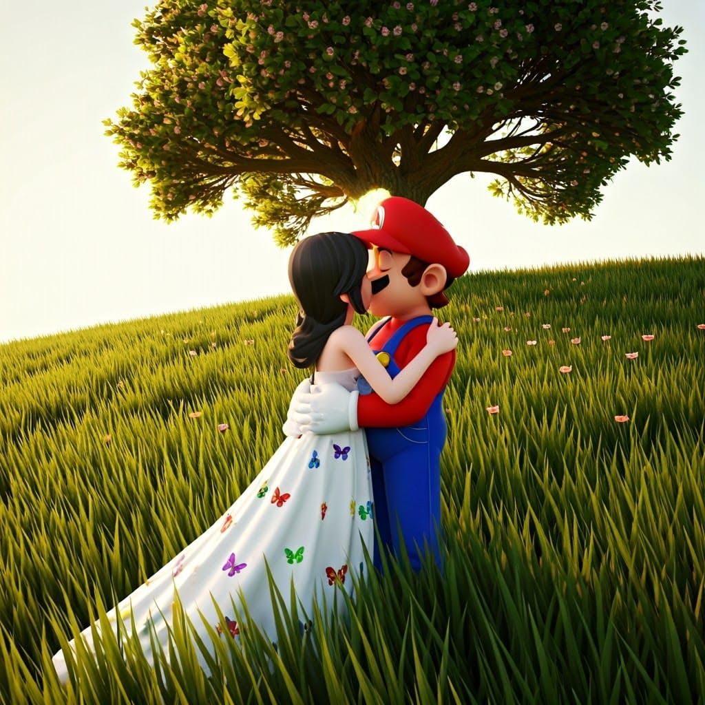 Super Mario and Wife Kiss in Lush Field