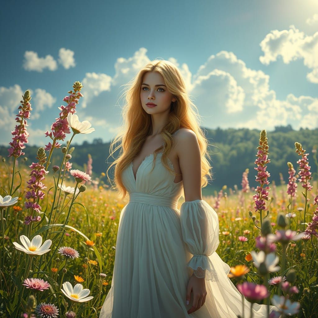 Ethereal Woman in Enchanted Meadow