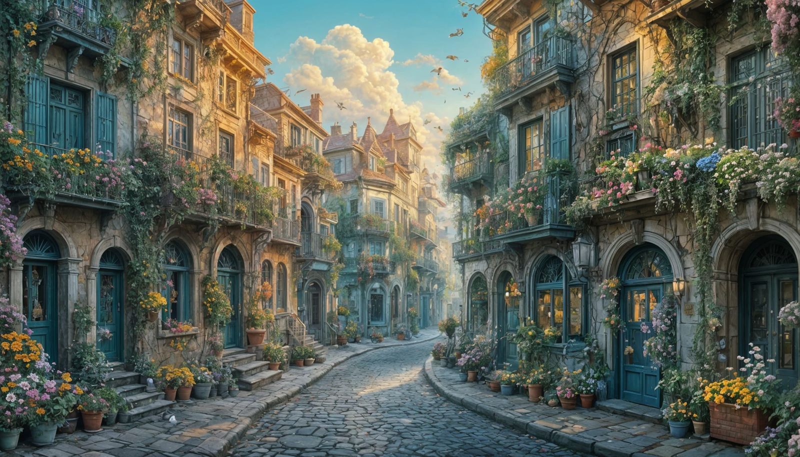 Surrealist Cityscape with Whimsical Floral Wall in Dreamy Hy...