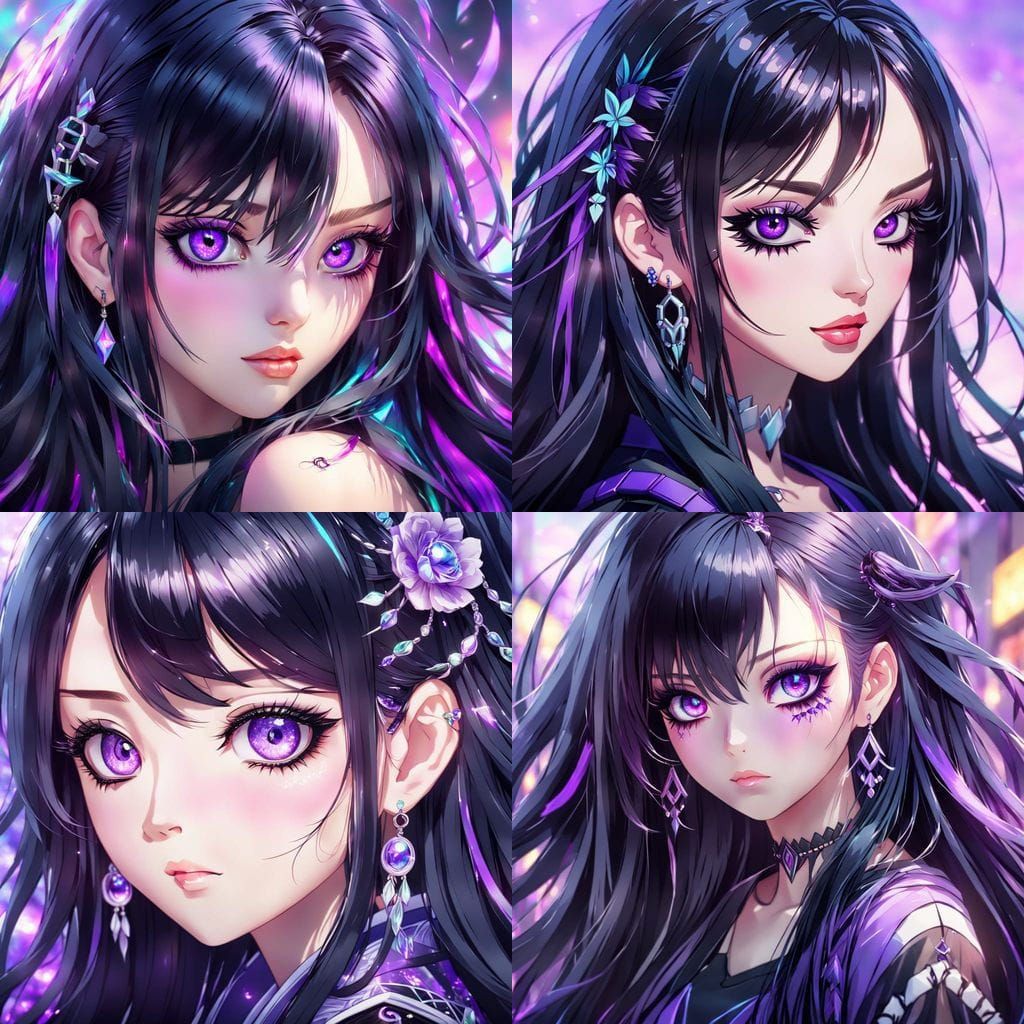 Anime Girl with Piercing Purple Eyes and Black Hair