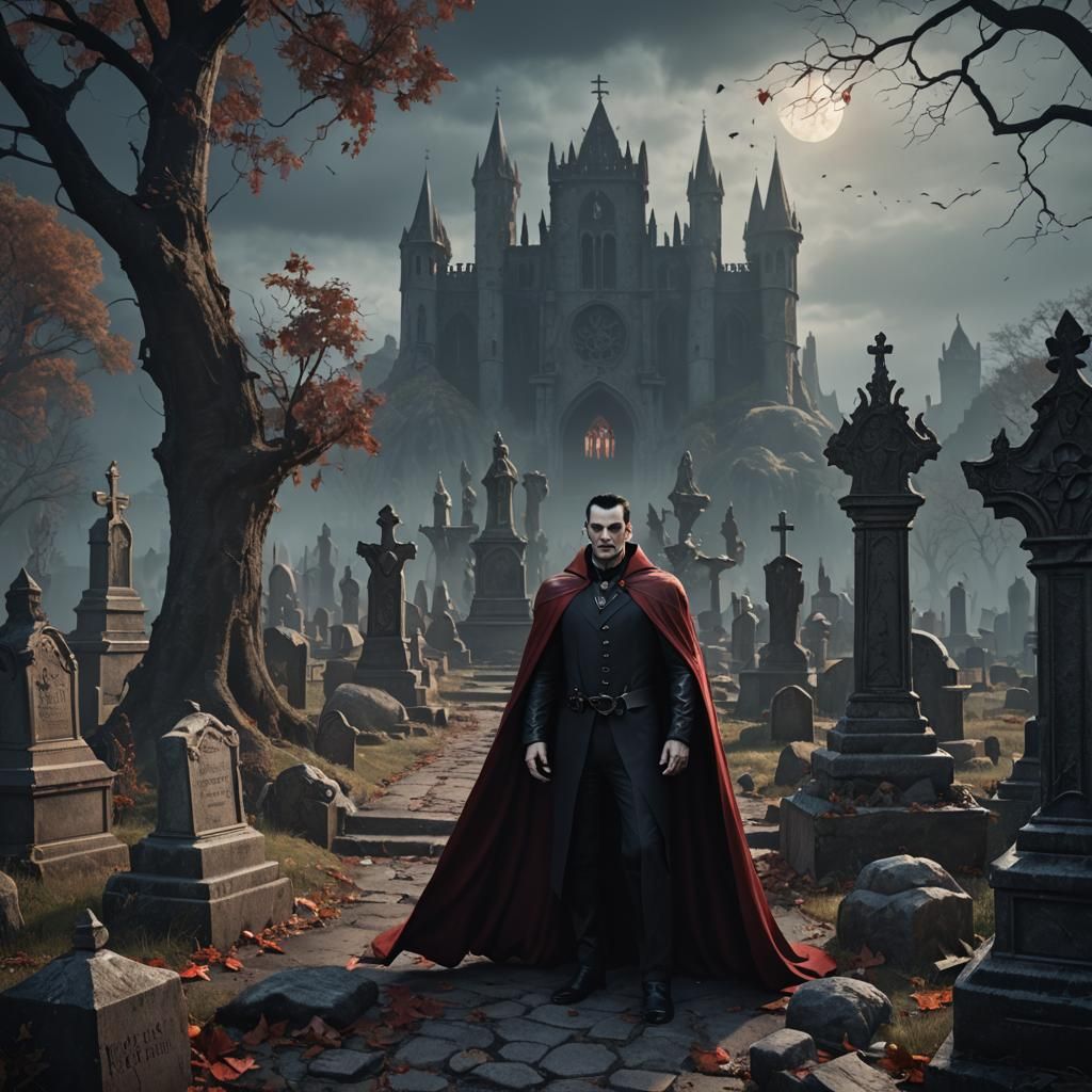 Detailed Painting of Dracula in Graveyard