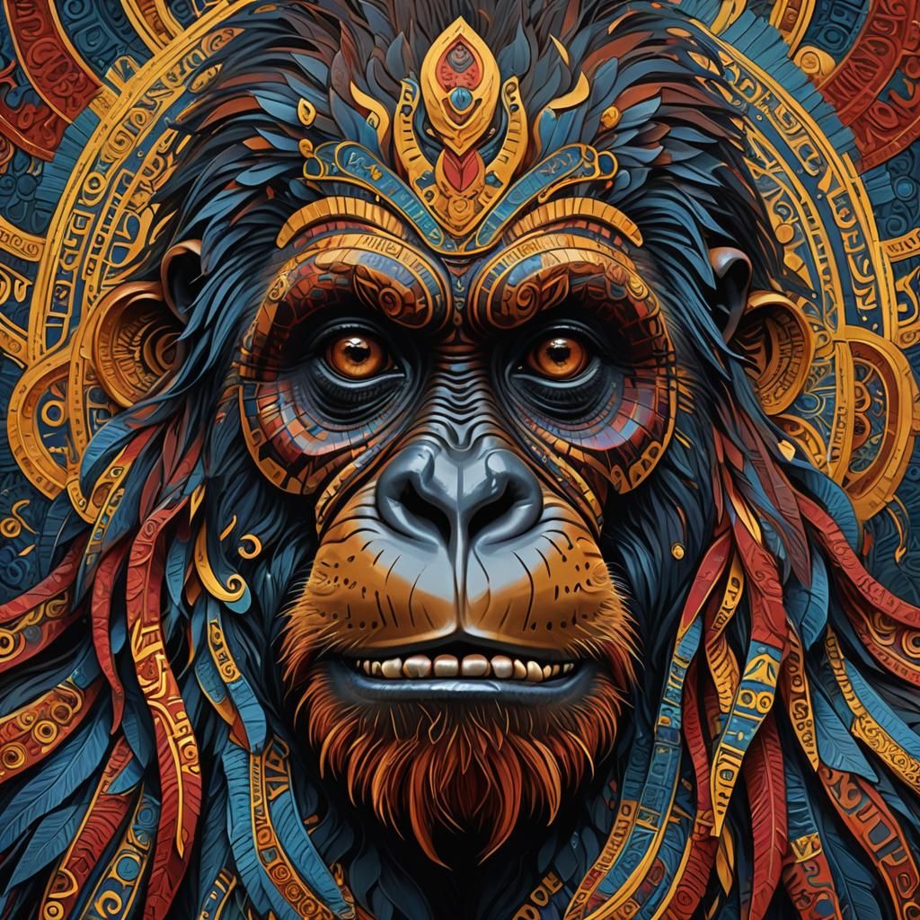 A captivating and conceptual art piece by Backupdadette, featuring an orangutan's face rendered in vibrant colors and in...