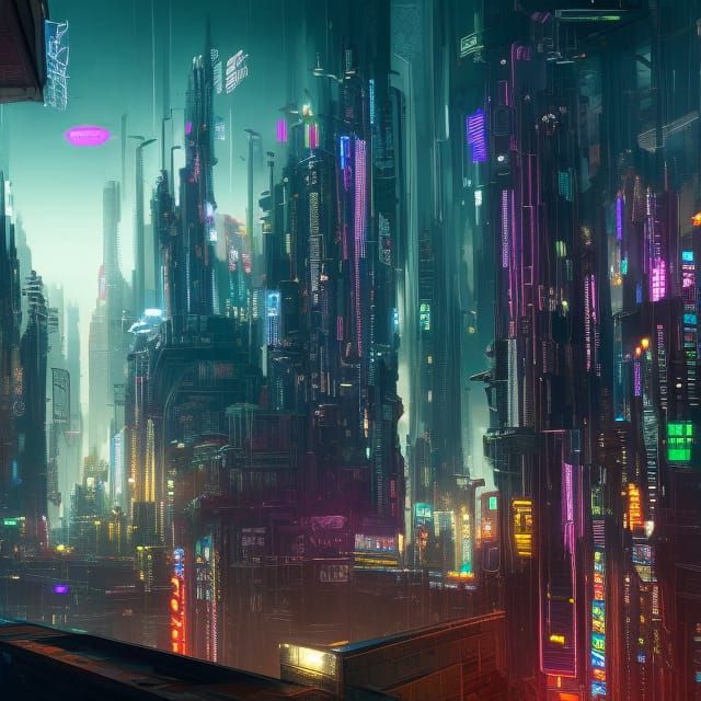 Cyberpunk City Reflection in Detailed Digital Art