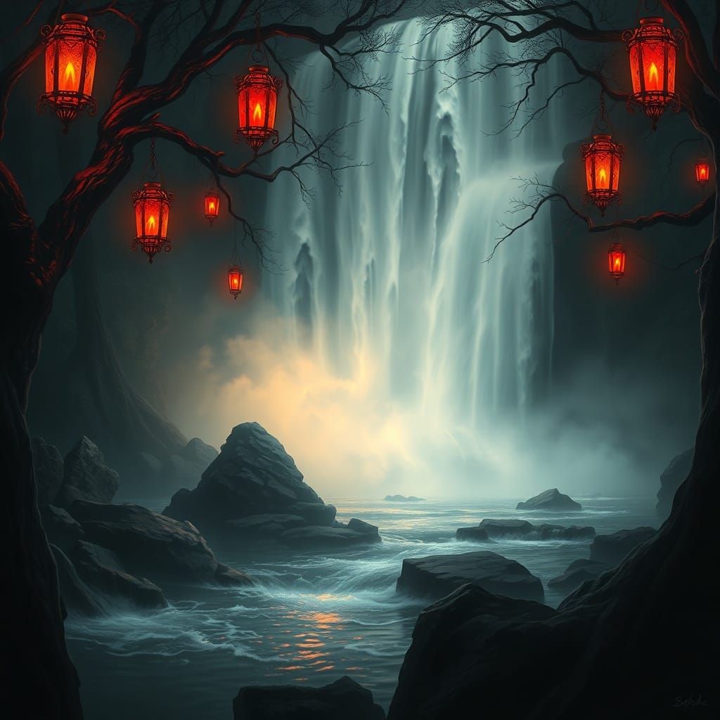 Mystical Waterfall With Ornate Lanterns in Gothic Fantasy St...