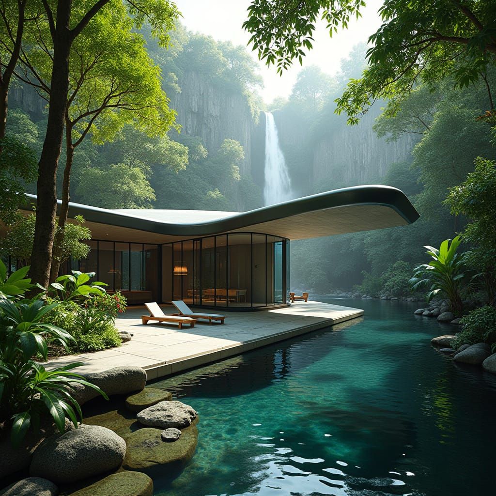 Modern Jungle Estate with Chrome Accents and Cascading Water...