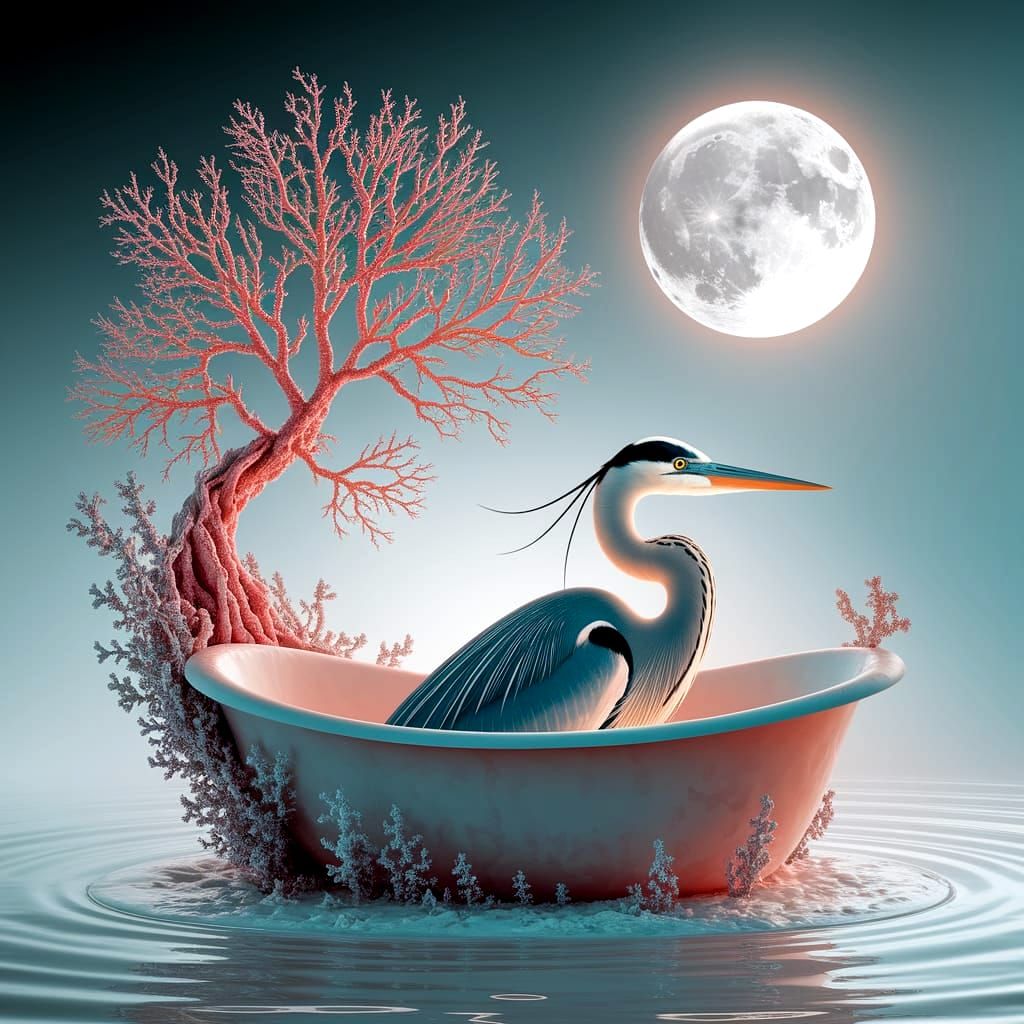 Surreal Heron Bathing in Cocoon Tub Under Full Moon
