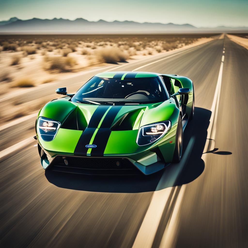 Green Ford GT Races Through Desert Landscape
