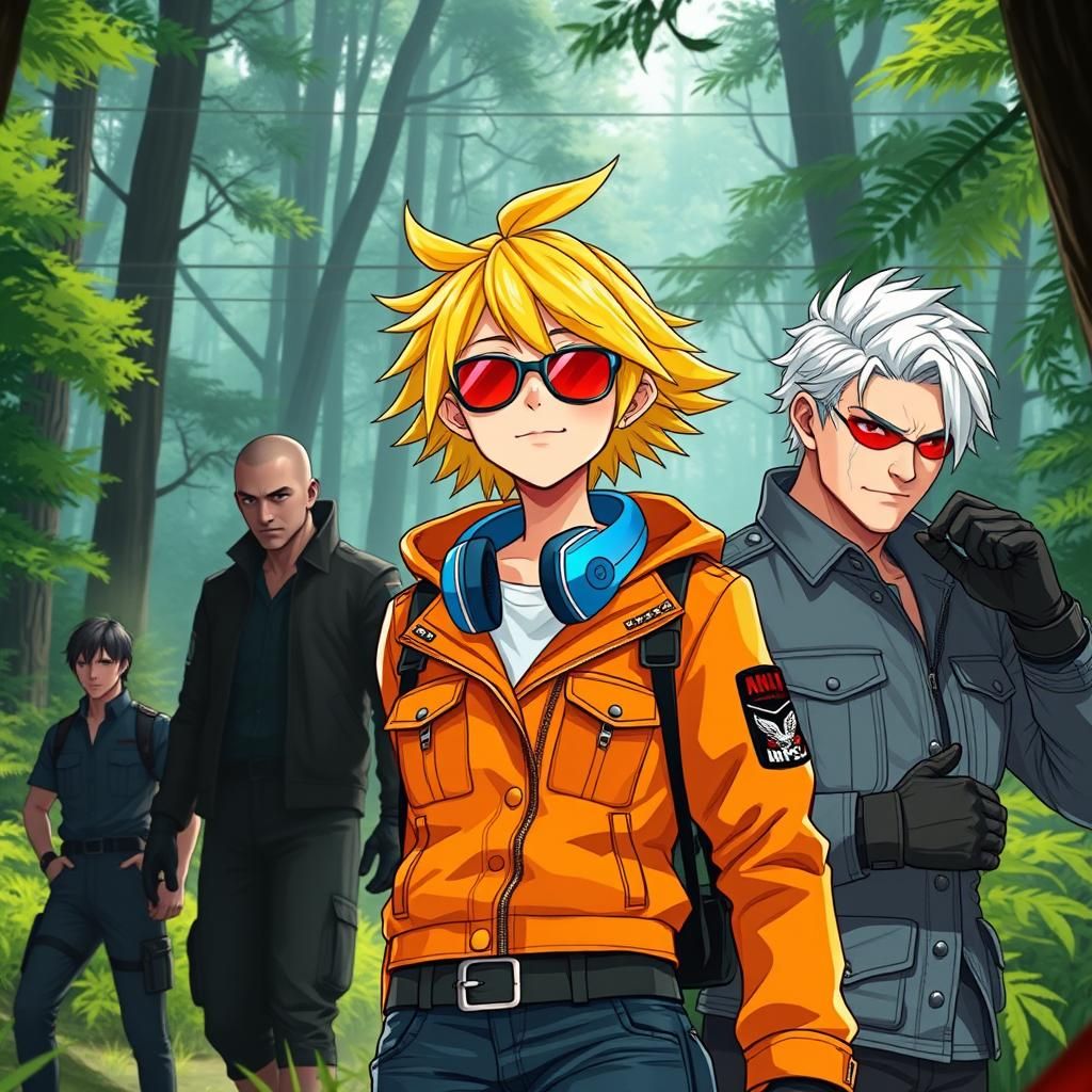 Vibrant Adventurer in Lush Forest with Allies