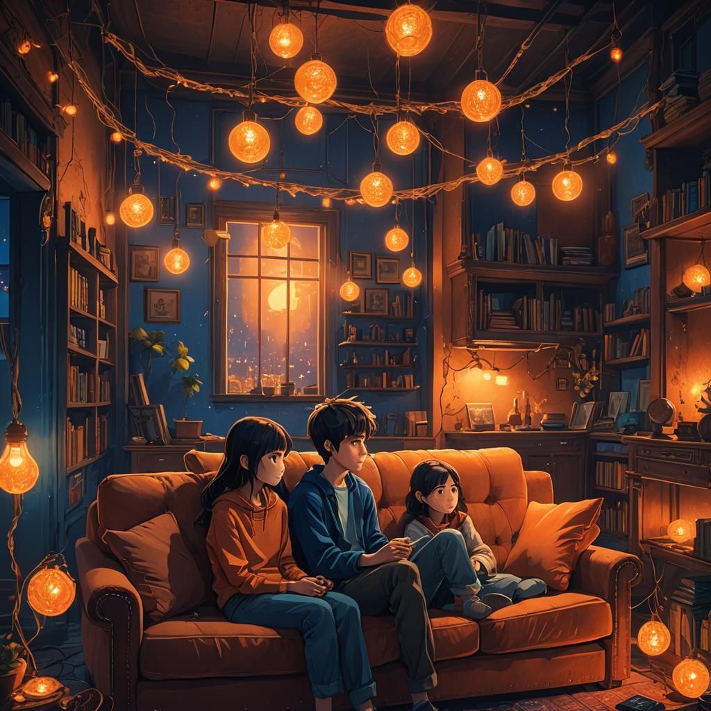 Children in Old Apartment at Night, Fantasy Concept Art