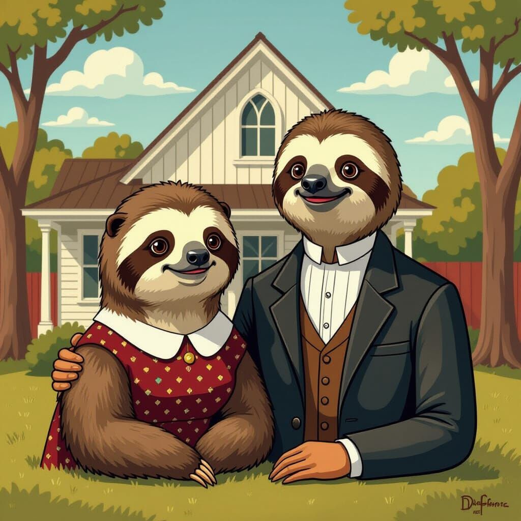 Sloth Couple in American Gothic Caricature