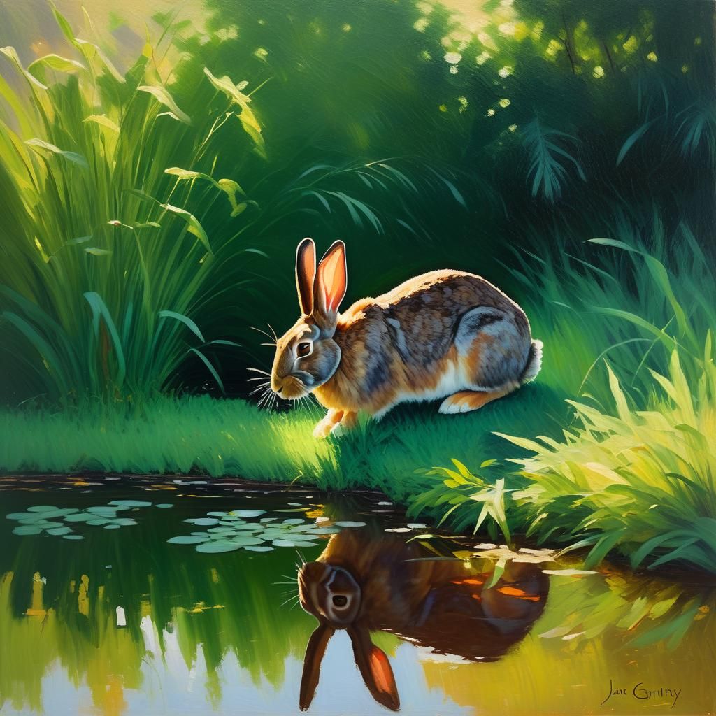 Rabbit at Pond: Impressionist Oil Painting