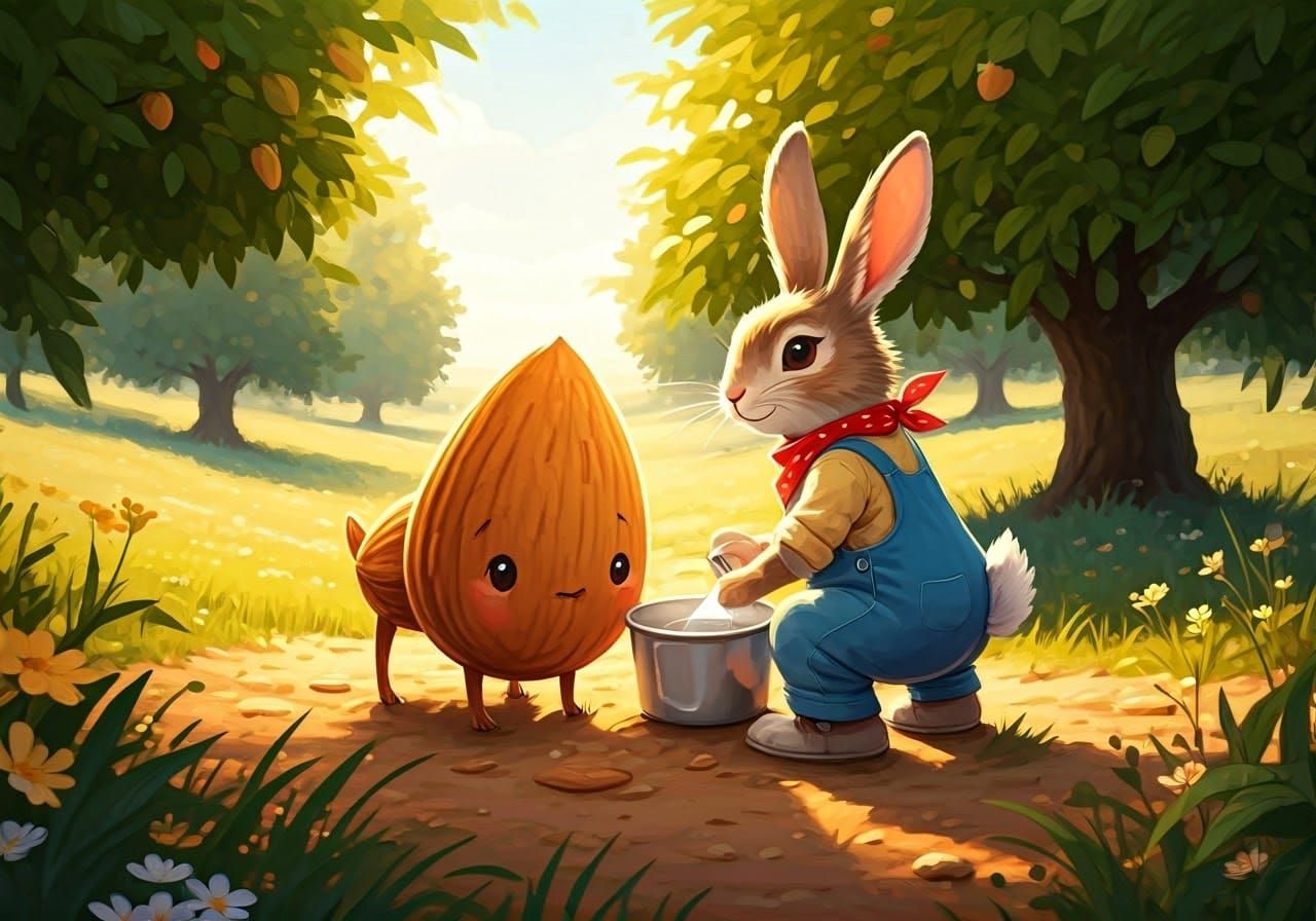 Whimsical Rabbit Milking Almond on Sunny Farm