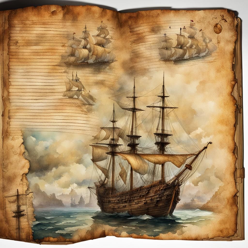 Pirate with Map on Journal Page in Watercolor Style