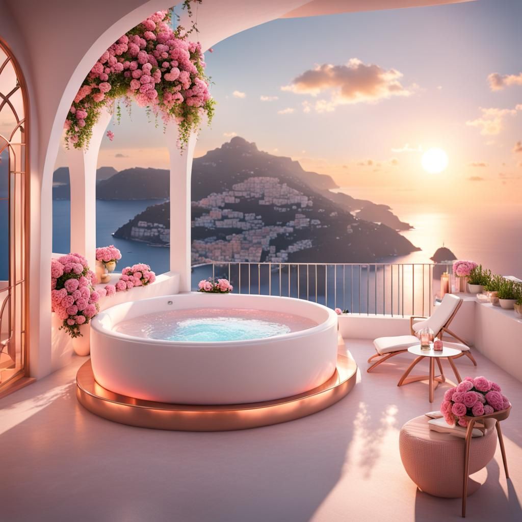 Modern Terrace with Rose Gold Jacuzzi, 3D Art