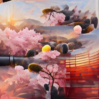 Cherry Blossoms and Temple: Digital Hyperrealism