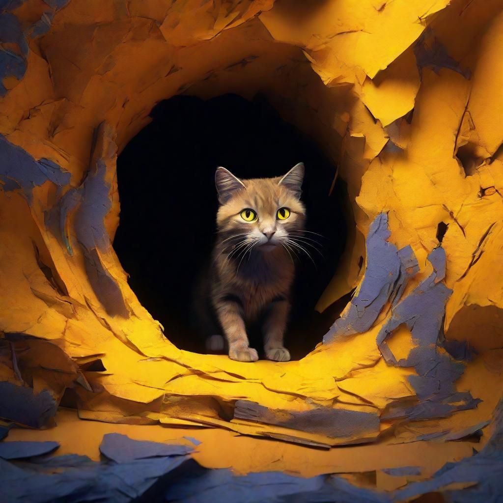 Cat Peeking Through Torn Paper: Fantasy Concept Art
