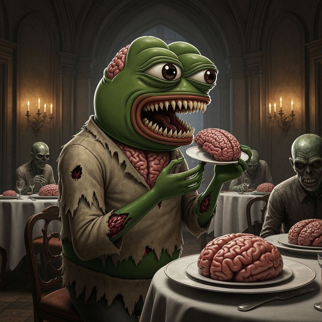 Horrifying Zombie Pepe in Gothic Restaurant