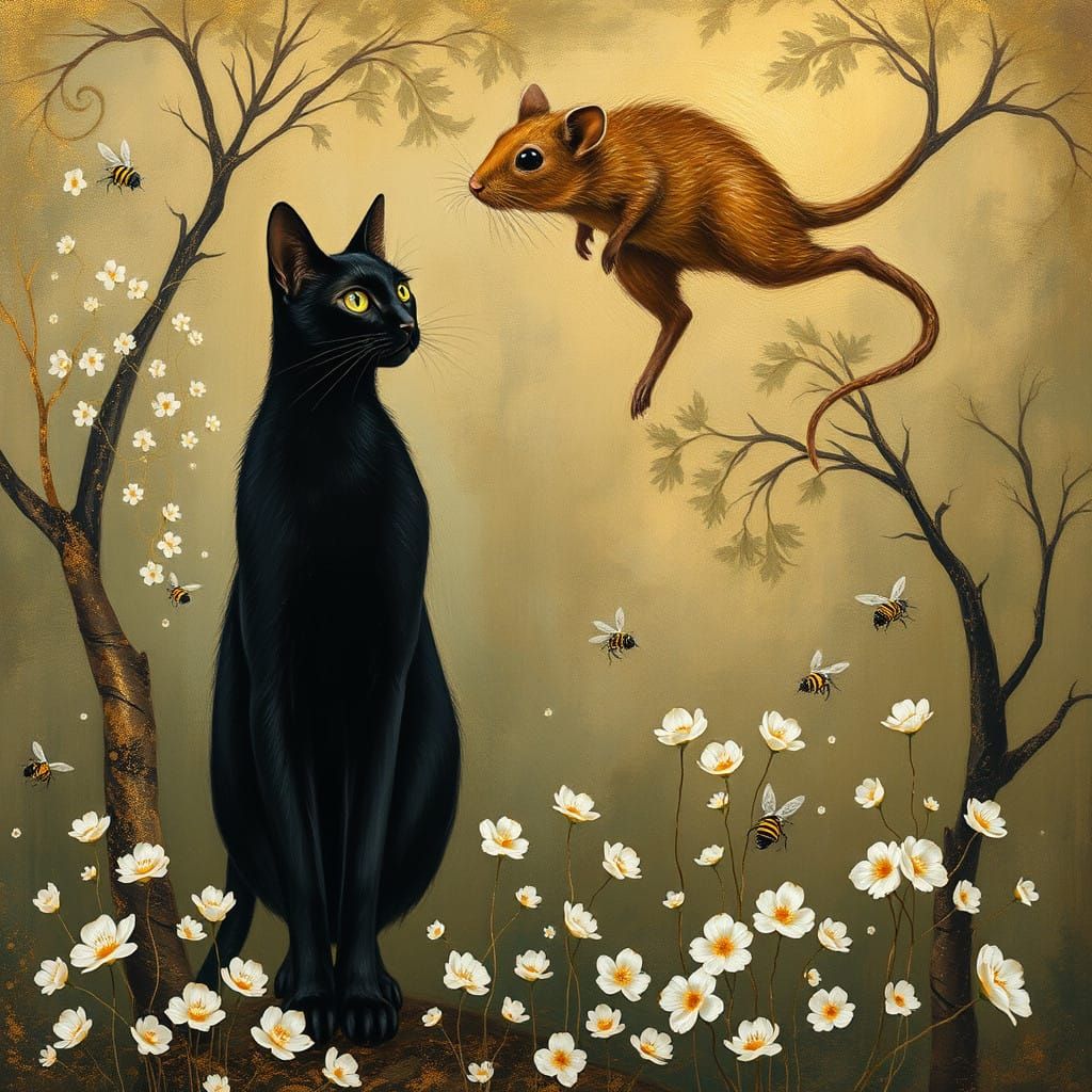 Regal Black Cat Amidst Whimsical Dreamscape