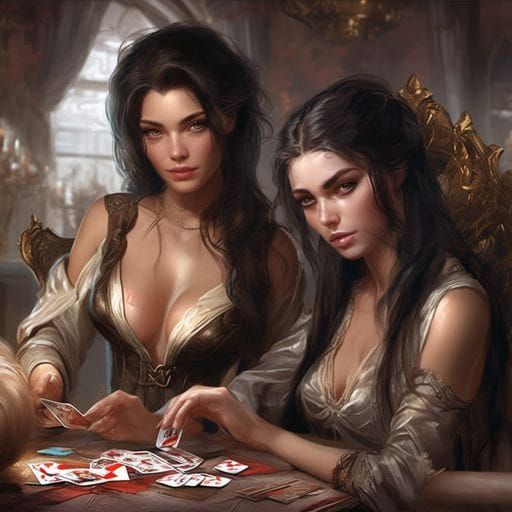 Elegant Dark-Haired Women Playing Cards
