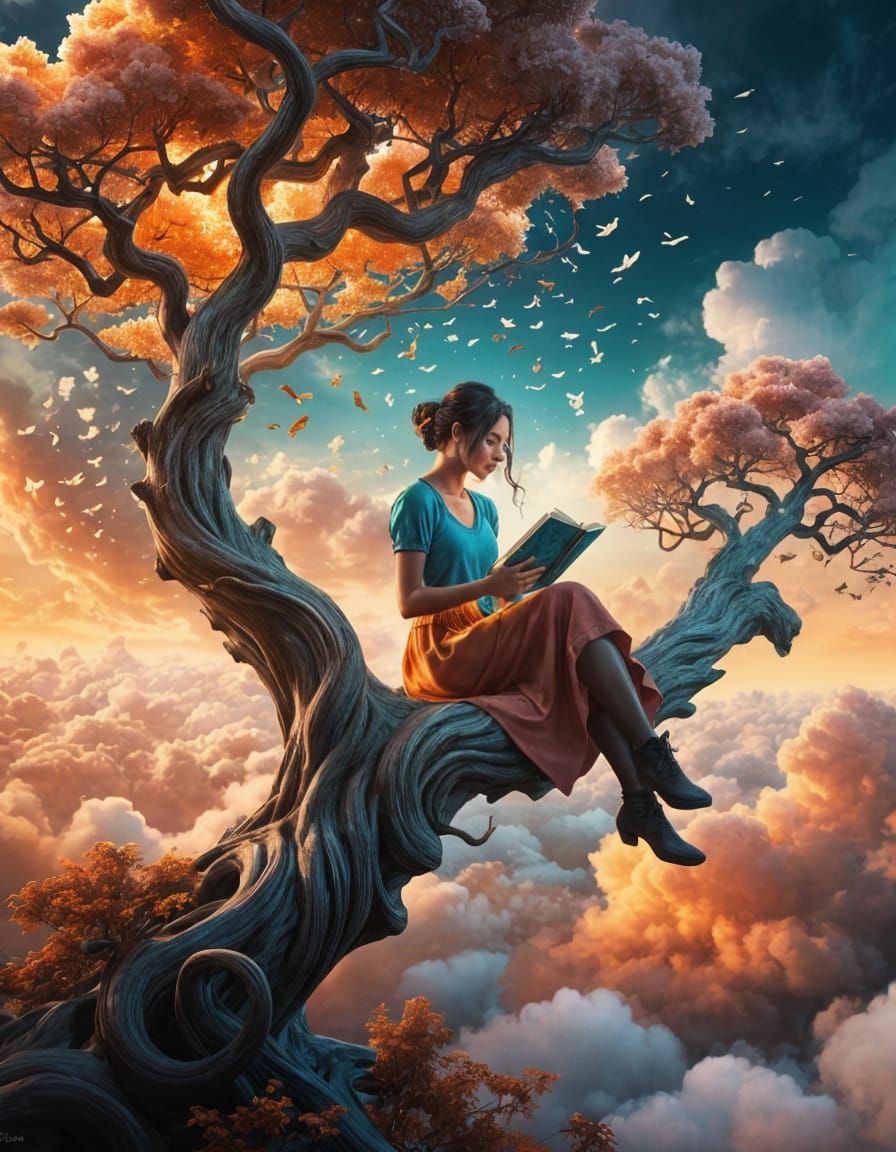 Girl on a Cloudy Tree Branch Reads in a Whimsical Treehouse....