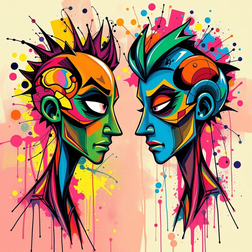 Vibrant Graffiti Heads in Polychromatic Harmony