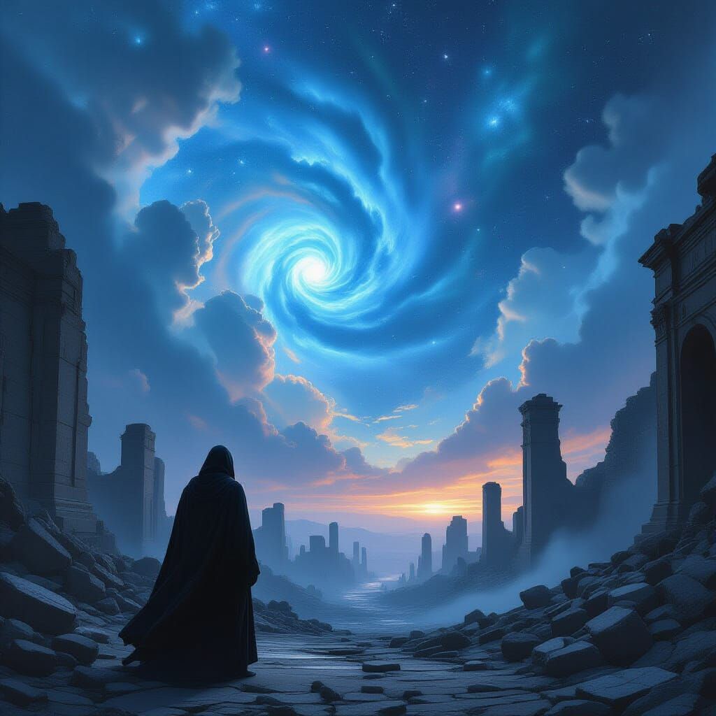 Cloaked Figure in Ruined City Under Cosmic Sky