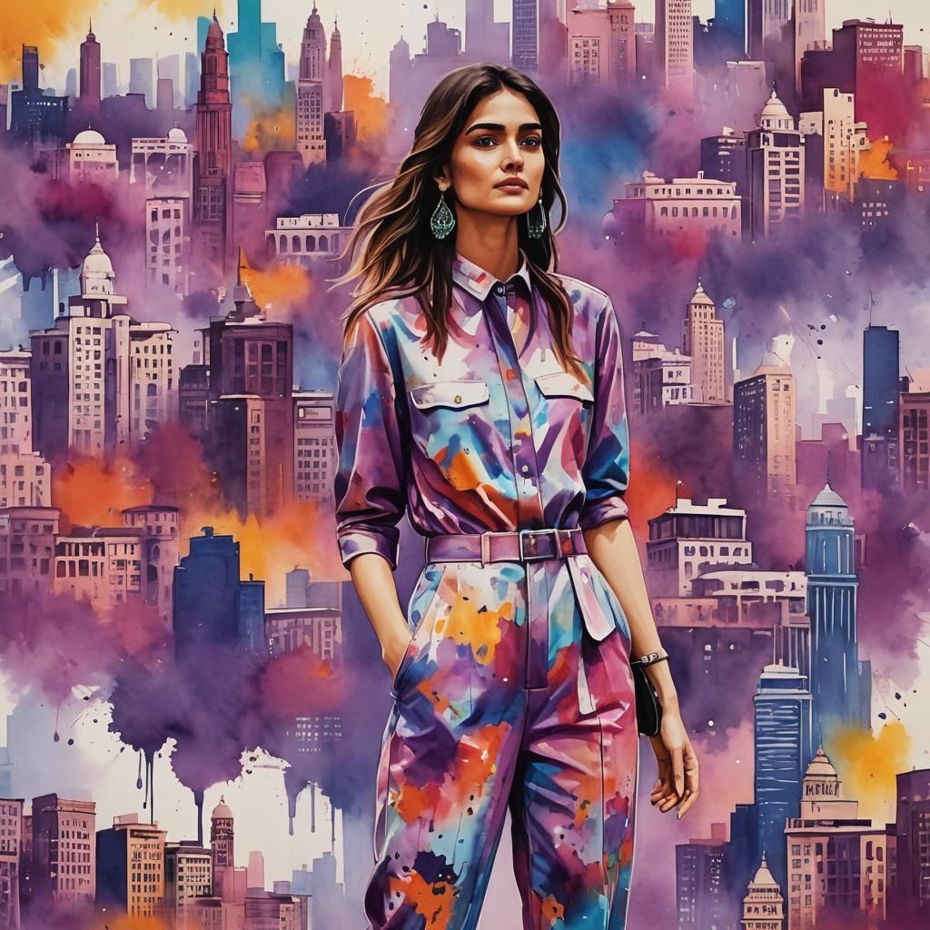 Holi Hues Skyline with Chic Jumpsuit, Hyper Detail