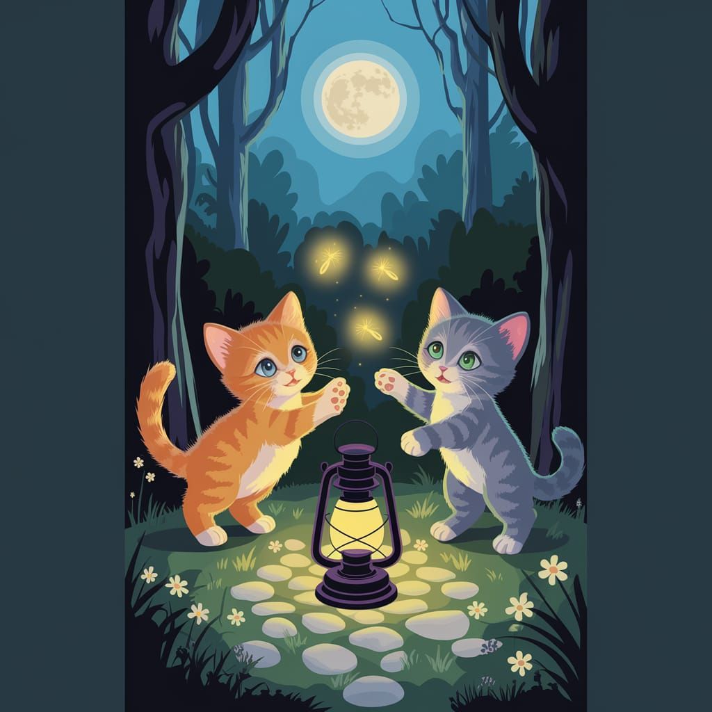 Whimsical Kittens Under Full Moon in Mystical Forest