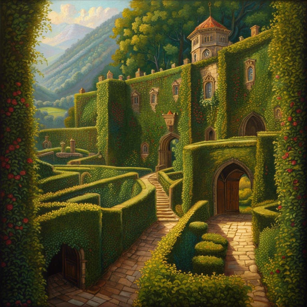 Detailed Castle Hedge Maze with Portals, Oil Painting