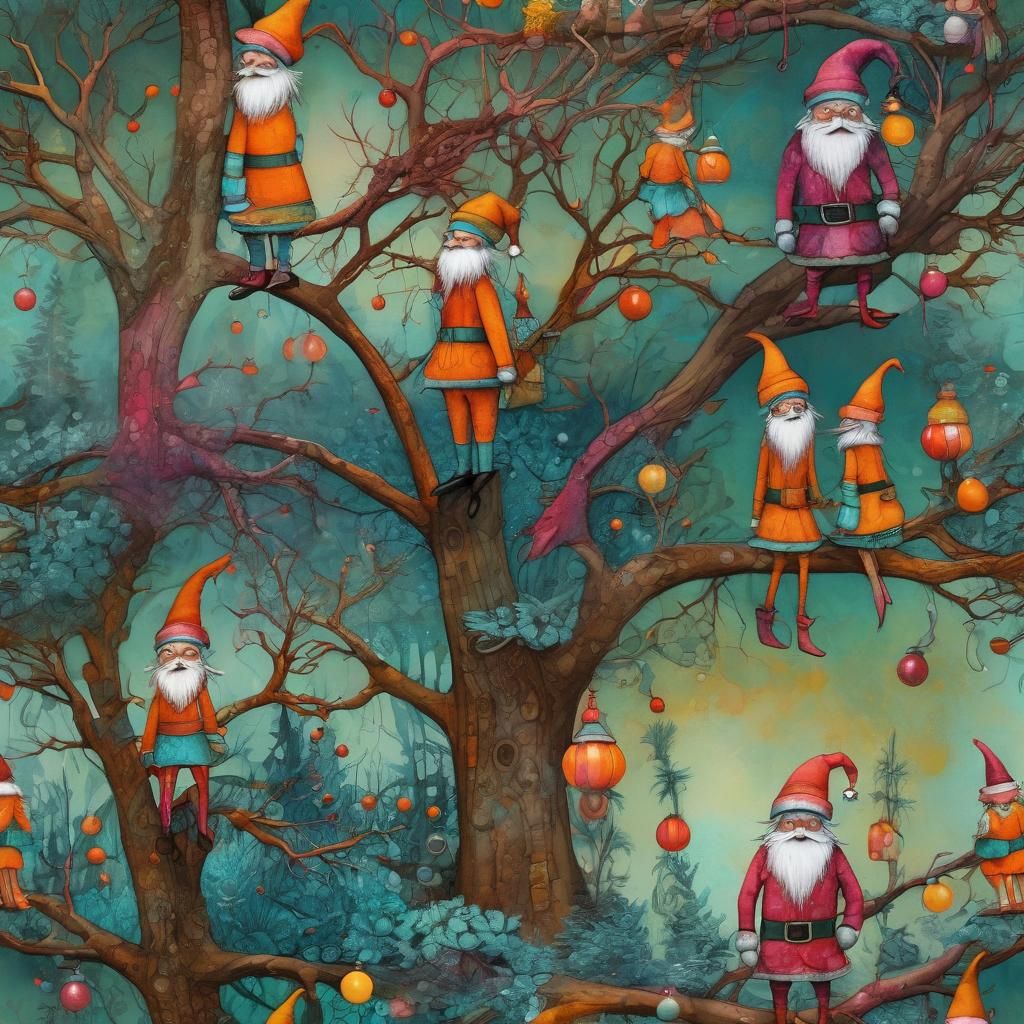 Whimsical Elves in Tree Illustration with Cubist Details