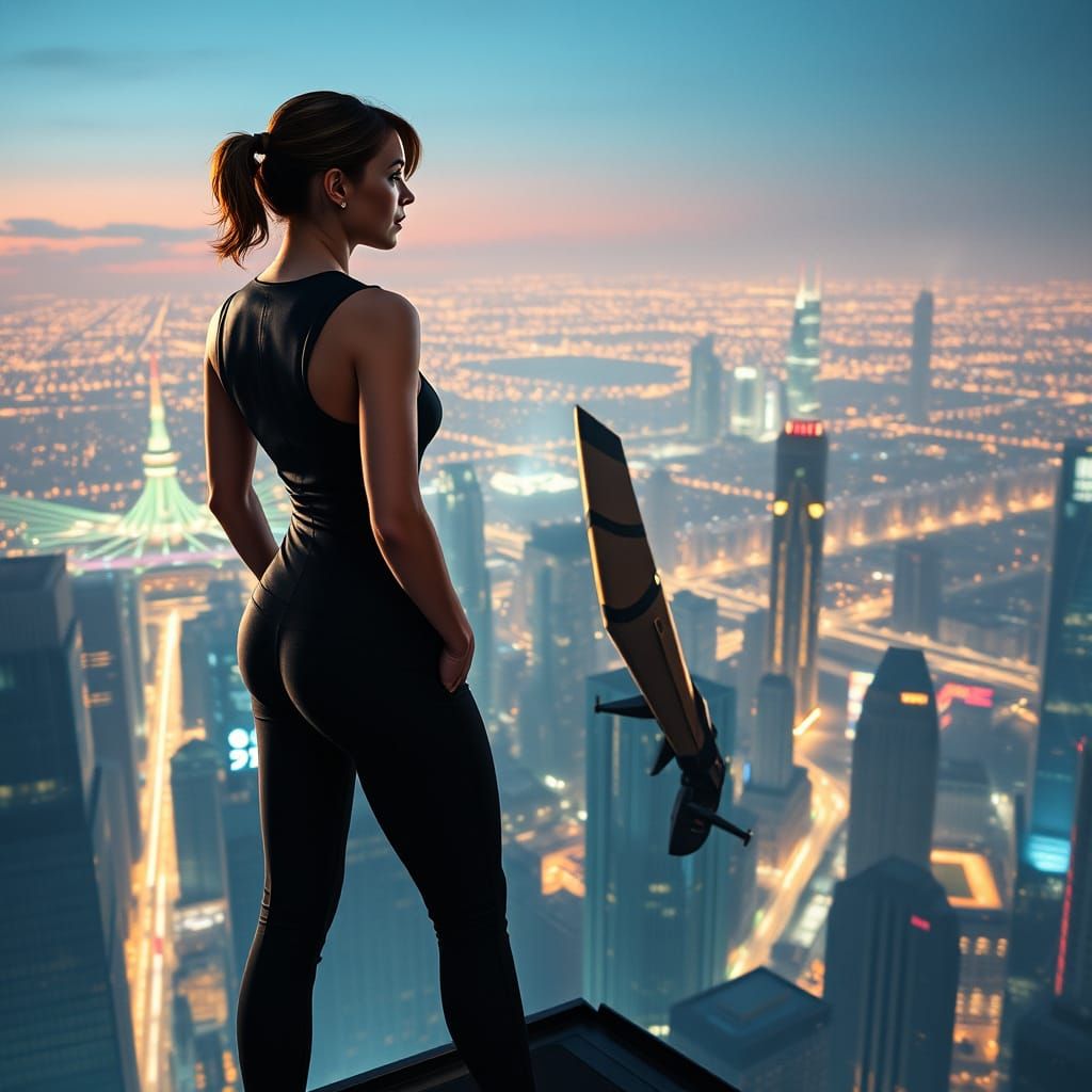 Woman on Skyscraper in Cinematic Cyberpunk Cityscape