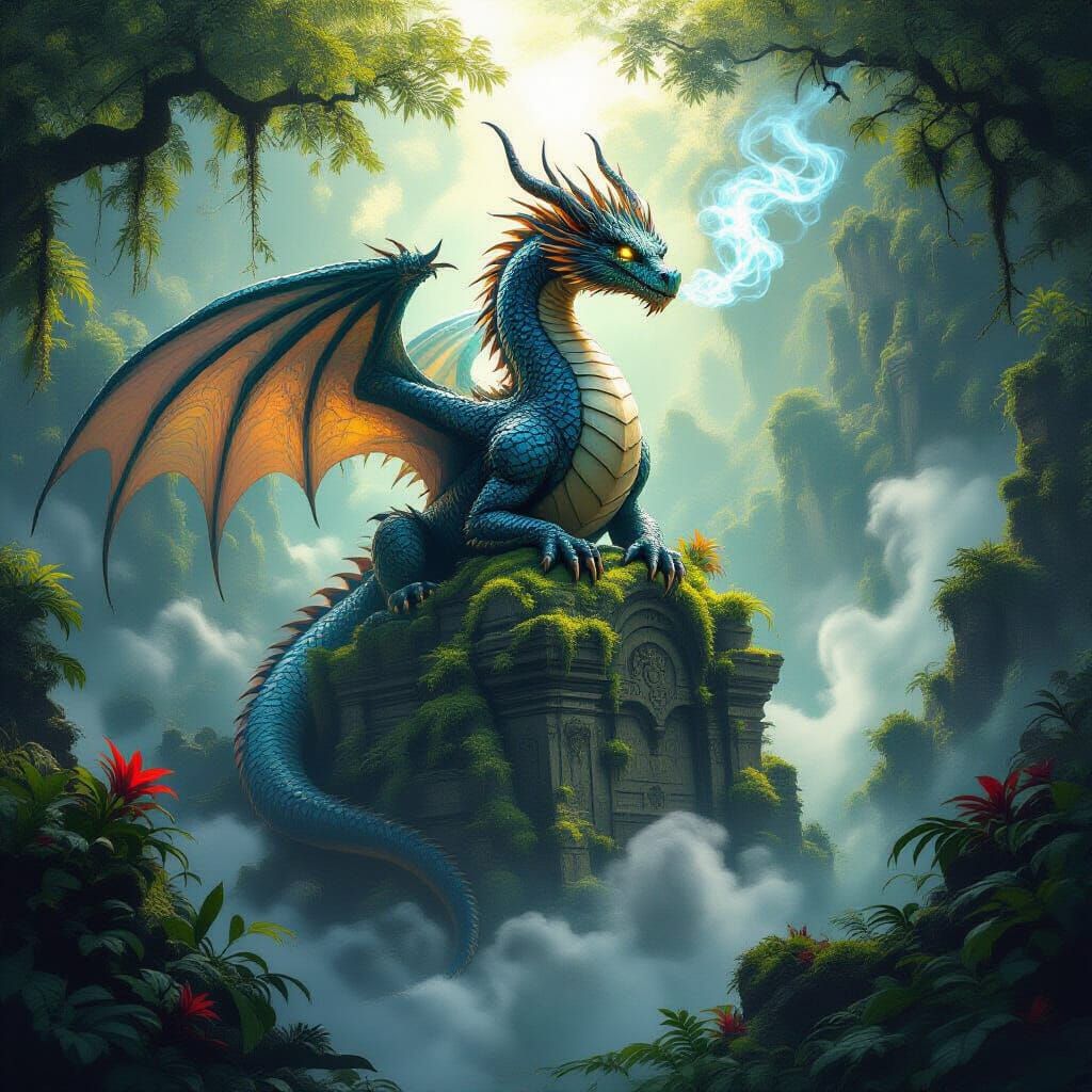 Ancient Dragon on Ruin in Misty Jungle